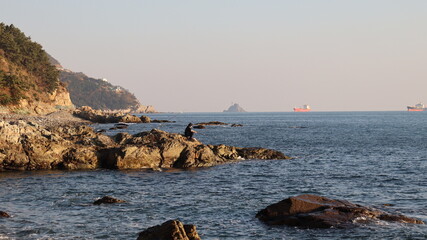 바다, 해변, 경관, 취미, 낚시, 돌, 휴가, 자유, 부산, 대한민국, 평안, 등대, 배, 언덕, 풀샷, 