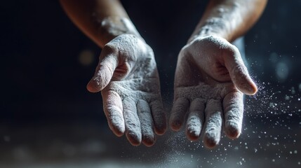 A gymnast's chalked hands with focus on the chalk dust, indoor setting with focused spotlight, Artistic style