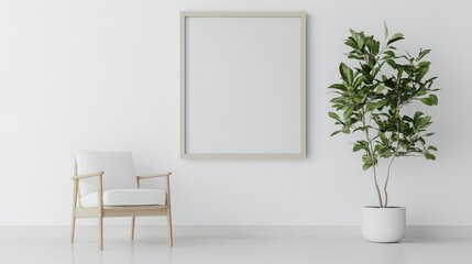 Minimalist living room with a blank wall frame and a single plant