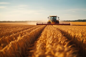 Fototapeta premium A tractor skillfully cuts through golden wheat in a vast field during the late afternoon. The warm light highlights the endless rows of ripened grain