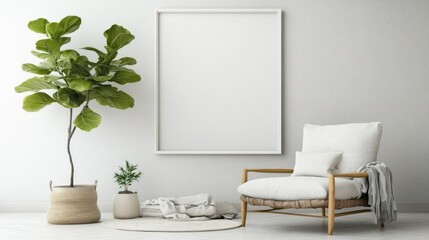 Minimalist living room with a blank wall frame and a single plant