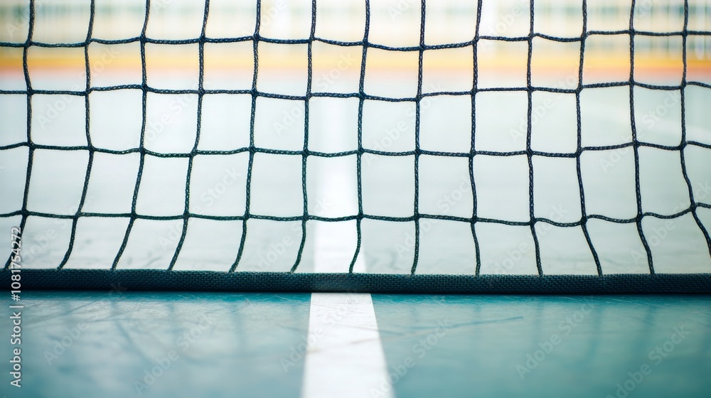 Poster a handball court's goal area with the floor markings and net texture, indoor setting with natural li