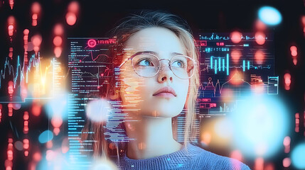 Pensive young woman with data visualization background