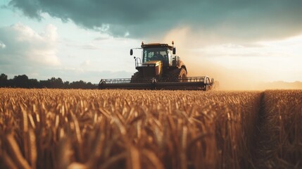 Fototapeta premium A large tractor moves through golden wheat fields during sunset, surrounded by trees and under a sky filled with clouds, creating a serene agricultural atmosphere