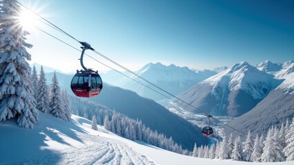 A gondola gracefully ascends through a breathtaking winter landscape, surrounded by towering snow-laden mountains under a bright blue sky
