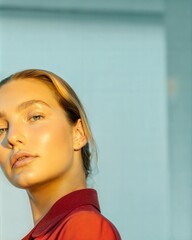 Contemporary Fashion Profile with Red Garment Against Cool Mint Background
