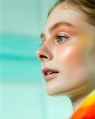 Fresh Beauty Portrait with Side Profile Against Mint Rainbow Gradient