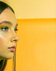 Minimalist Beauty Portrait Against Vibrant Yellow Background with Side Light