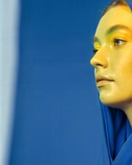 Striking Fashion Portrait with Blue Hood Against Dramatic Lighting