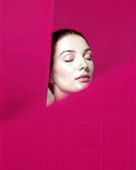 Elegant Beauty Portrait Against Magenta Background with Closed Eyes