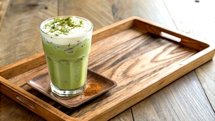 Iced Matcha Green Tea Latte on Wooden Tray - Photorealistic AI Art