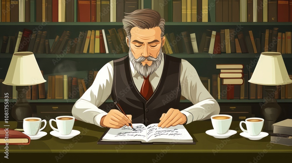 Poster a man with a beard writes in a notebook at a table surrounded by books and coffee cups.