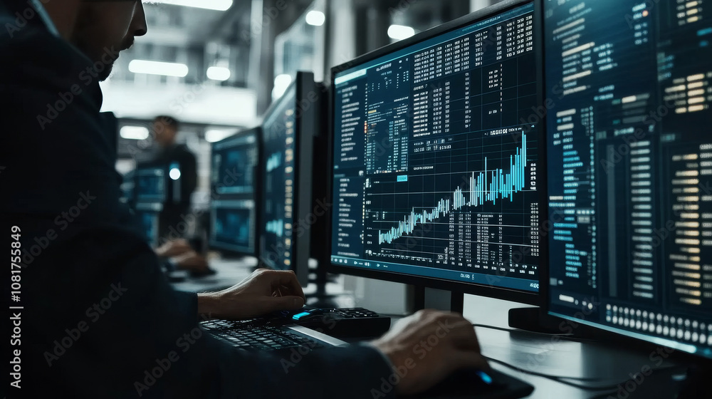 Aufkleber a team of analysts are using a computer to analyze financial data. they're working on a business das