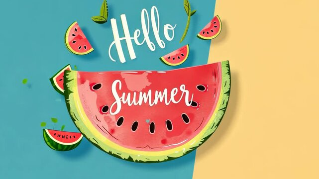 "Hello Summer" greeting with a vibrant watermelon slice on a dual-tone background, encapsulating the joy of the season.
