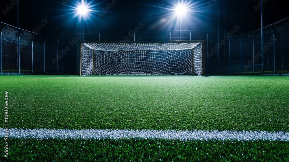 Poster a hockey field's penalty area with the artificial turf and goal net, outdoor setting under floodligh