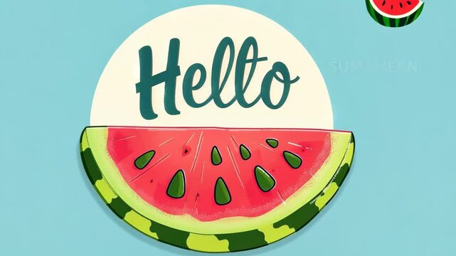 Whimsical "Hello" message complemented by a colorful watermelon slice against a sky blue backdrop.