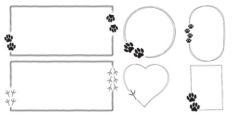 Set of cute hand drawn heart shape, oval, rectangle and round frames with cat, dog and bird paw print. Pet paw quote speech bubble. © Svitlana Tolmach 