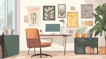 A cozy home workspace setup with stylish decor and a comfortable chair, creating a perfect environment for working from home