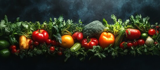 Fresh Vegetables, Fruits, and Herbs on Dark Background.