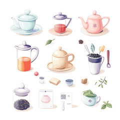 A colorful collection of tea brewing equipment and ingredients displayed on a table featuring various teapots, cups, and tea leaves