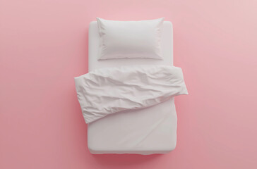 A bed with a white sheet and pillow on a pink background
