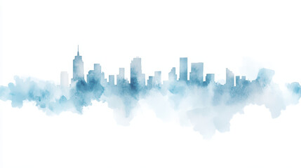 Fototapeta premium serene watercolor skyline featuring tall buildings and soft blue hue, evoking calm urban atmosphere. skyline captures essence of modern city