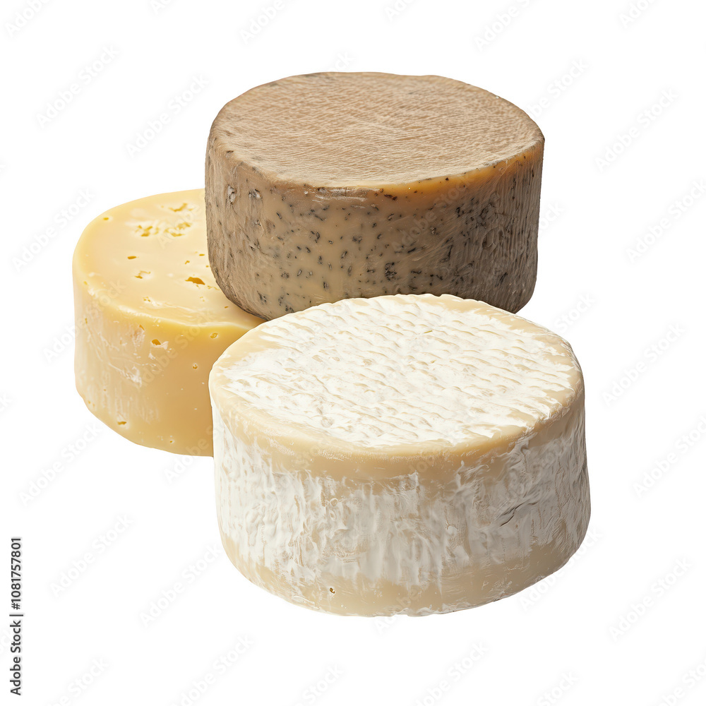 Poster creamy cheese varieties stacked together, showcasing unique textures and colors isolated on transpar