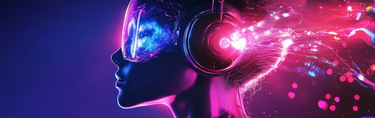 A person wearing large headphones is immersed in vivid sound waves, surrounded by a colorful digital aura that enhances the sense of auditory experience
