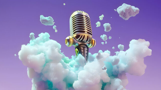 Vintage microphone emerging from colorful clouds