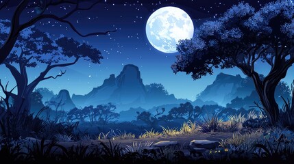 Fototapeta premium A Silhouetted Nighttime Landscape with a Full Moon and Stars