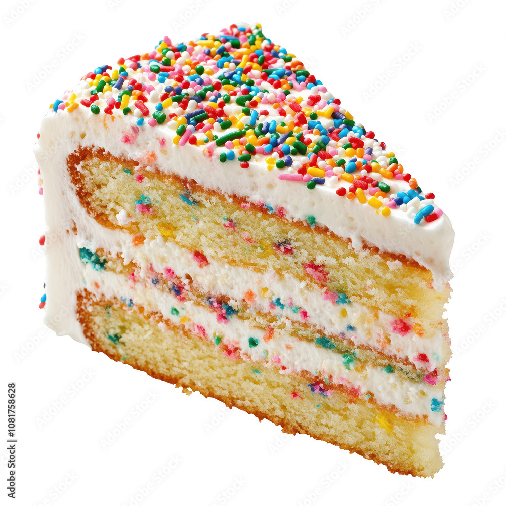 Poster delicious slice of colorful cake with sprinkles and creamy frosting isolated on transparent backgrou