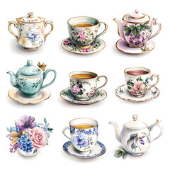Fototapeta premium Elegant collection of floral tea sets arranged beautifully with teacups and teapots displayed artfully on a white background