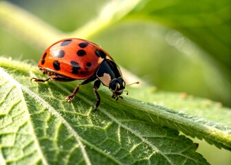 Obraz premium Ladybug on Leaf Macro Photography AI Art, Close-up Bug on Plant, High Detail Macro Shot