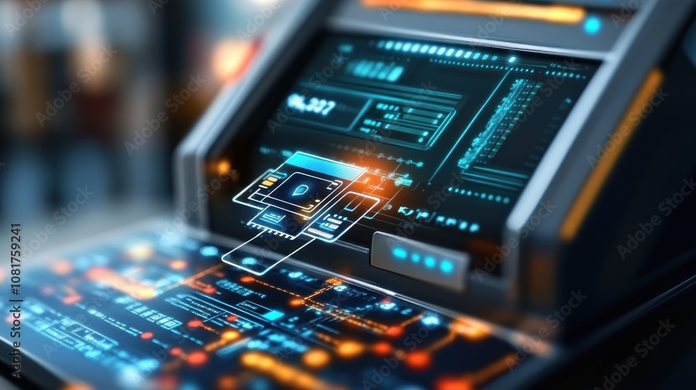 Poster futuristic technology interface with glowing blue and orange graphics displayed on a high-tech devic
