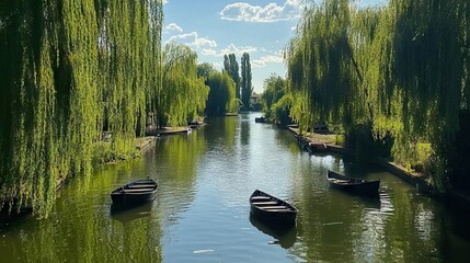 One of the navigable canals of the picturesque marshlands of the Regional Natural Park of the Marais Poitevin, with rowboats and weeping willows on the water 