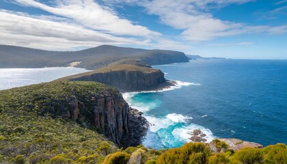 Fototapeta premium Stunning view of the sunlit, rugged coastline at Cape Bruny on Bruny Island, Tasmania, Australia. The vibrant blue ocean contrasts beautifully with the rocky cliffs, capturing the wild, natural beauty