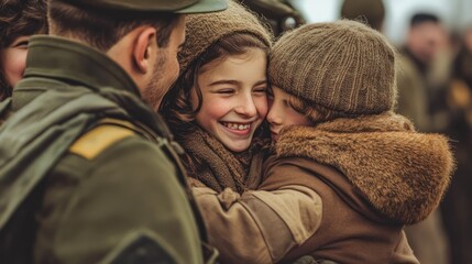 Families reuniting at a military gathering, warmth and happiness all around