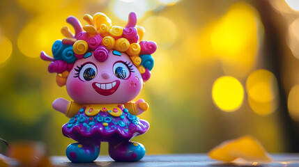 Fototapeta premium Colorful toy character standing on a table surrounded by autumn leaves in a sunny park