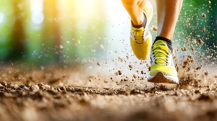 Close-up of a female runner's legs, dust and motion in the air as she powers through a rugged trail, capturing strength and endurance, woman running legs, fitness energy