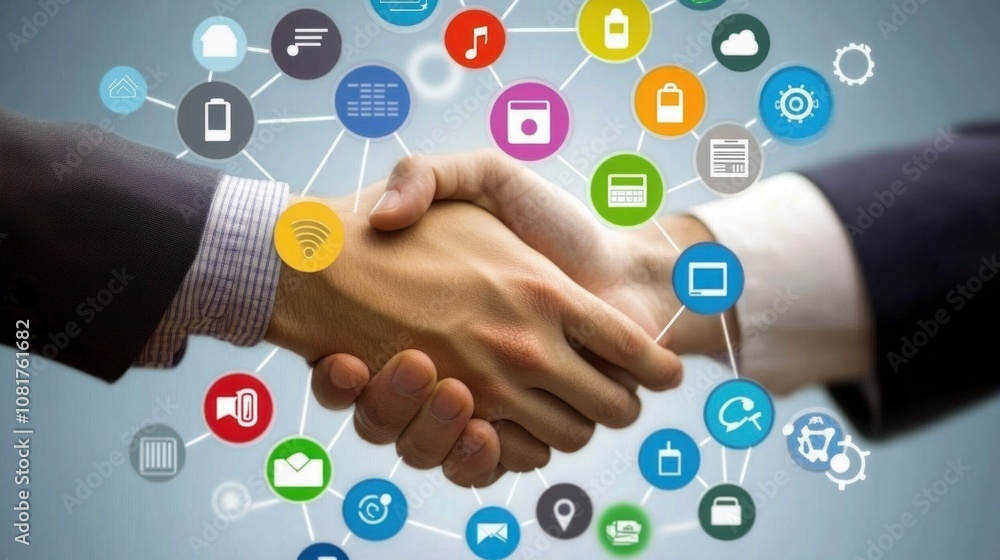 Poster professional networking scene with handshake, surrounded by digital communication icons
