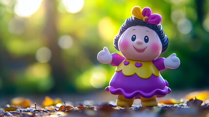 Fototapeta premium Colorful toy character enjoying a vibrant autumn day in a sunny park setting