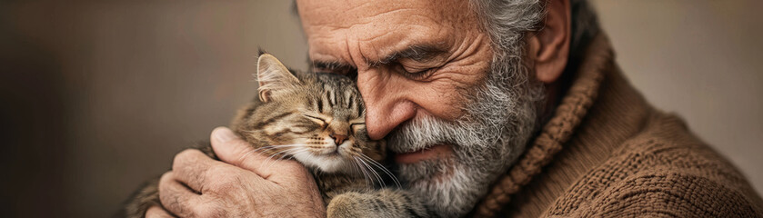Fototapeta premium Elderly Cat Love Concept. A heartwarming scene of an elderly man gently embracing a cat, showcasing a bond of love and companionship.
