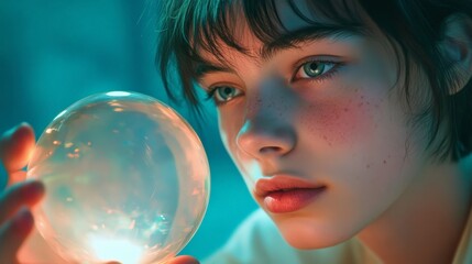 A young girl gazes intently at a glowing crystal ball, lost in thought and wonder, illuminated by a soothing blue light.
