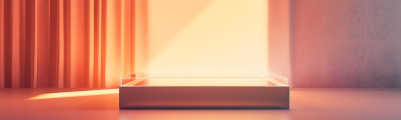 Obraz premium 60. A clean, minimalist podium with a glass top, soft lighting highlighting the empty space for product showcasing.