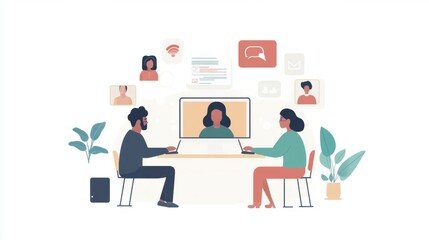 Professionals on video call, with holographic icons symbolizing online communication in business