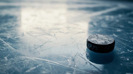 A hockey puck on ice with scratched surface, indoor setting with rink lighting, Cool style