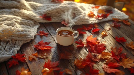 Cozy autumn vibes with coffee and colorful leaves on a wooden table, perfect for warm moments and relaxation.