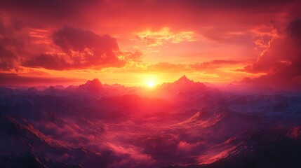 Fototapeta premium A vibrant sunset paints the sky with red and orange hues as it sets behind a mountain range.