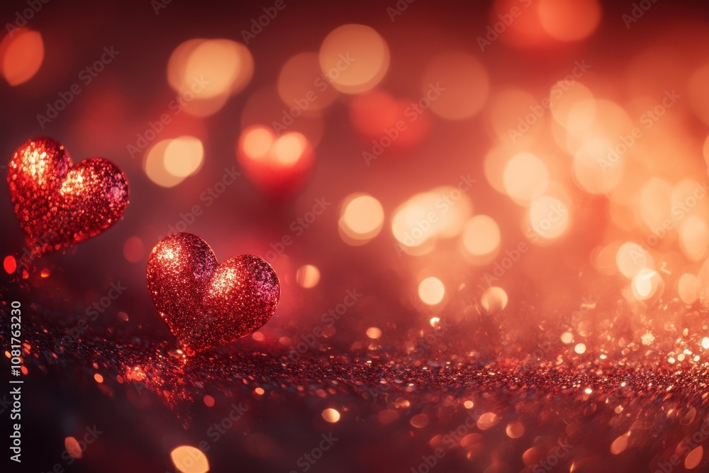 Poster two red glitter hearts on a sparkly background with bokeh lights.