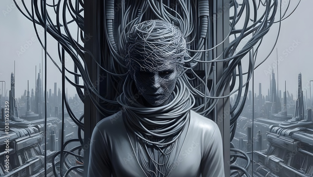 Aufkleber Futuristic cybernetic encounter digital landscape sci-fi art urban environment close-up view human-machine integration